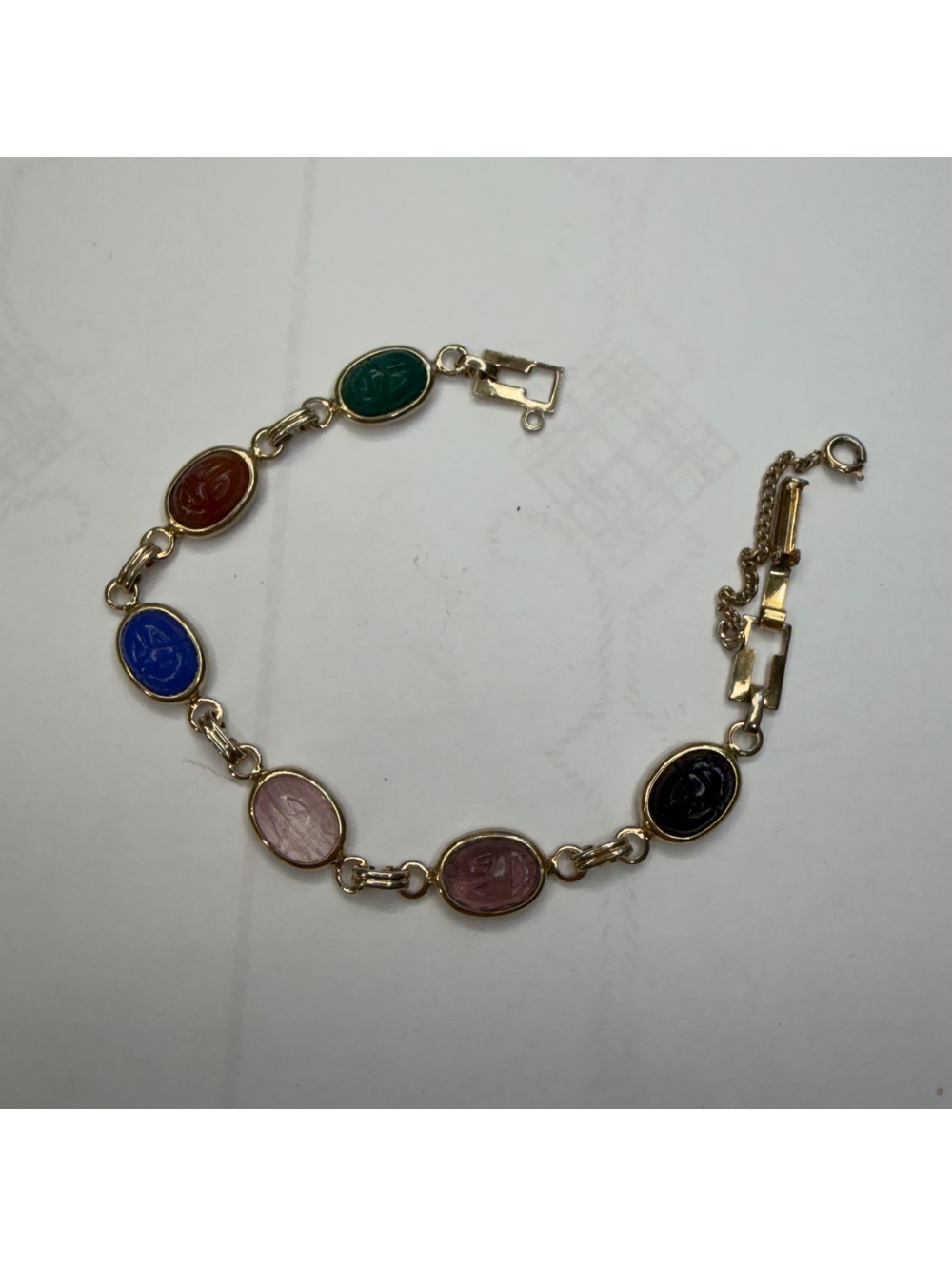 Egyptian revival scarab bracelet with moulded glass beetles vintage